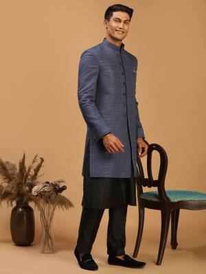 Black And Navy Blue Viscose Sherwani Set 2