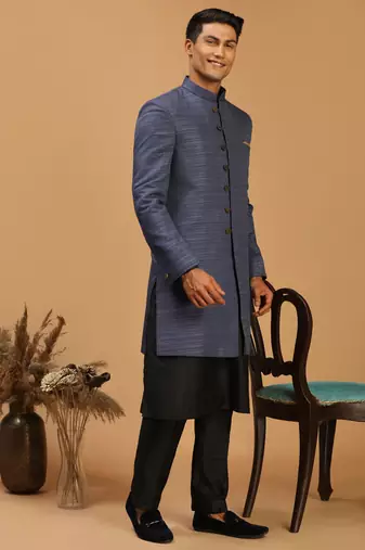 Black And Navy Blue Viscose Sherwani Set