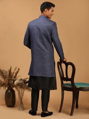 Black And Navy Blue Viscose Sherwani Set 3