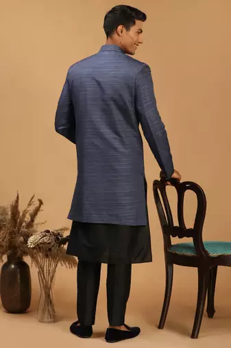 Black And Navy Blue Viscose Sherwani Set