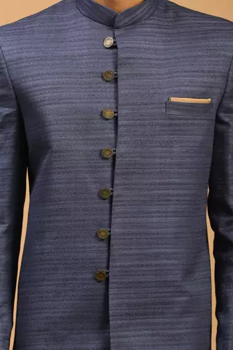 Black And Navy Blue Viscose Sherwani Set