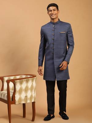 Navy Blue And Black Silk Blend Sherwani Set 1