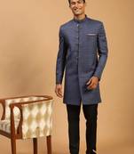 Navy Blue And Black Silk Blend Sherwani Set