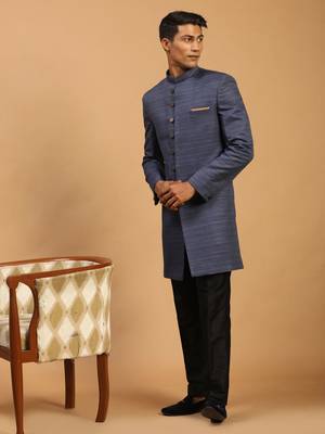 Navy Blue And Black Silk Blend Sherwani Set 2
