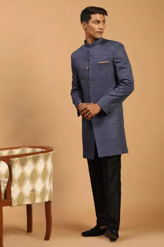 Navy Blue And Black Silk Blend Sherwani Set