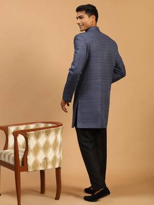 Navy Blue And Black Silk Blend Sherwani Set 3