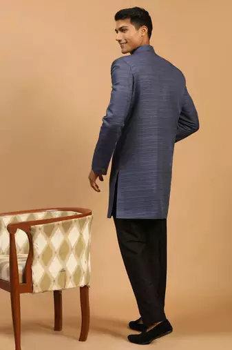 Navy Blue And Black Silk Blend Sherwani Set
