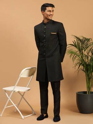 Black Silk Blend Sherwani Suit set with Woven Work - Stitched 1
