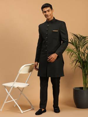 Black Silk Blend Sherwani Suit set with Woven Work - Stitched 2