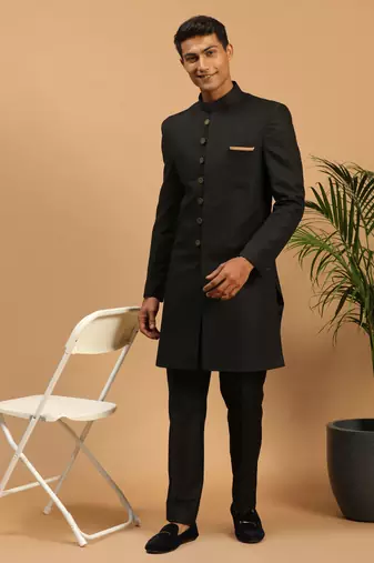 Black Silk Blend Sherwani Suit set with Woven Work - Stitched