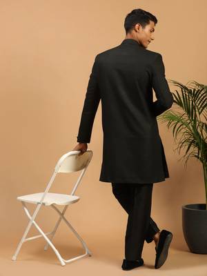 Black Silk Blend Sherwani Suit set with Woven Work - Stitched 3