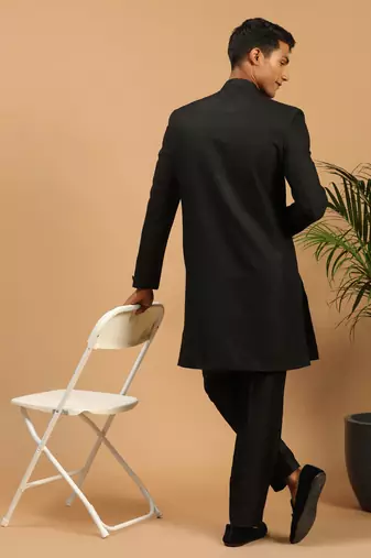 Black Silk Blend Sherwani Suit set with Woven Work - Stitched