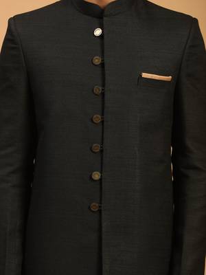 Black Silk Blend Sherwani Suit set with Woven Work - Stitched 4