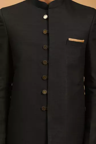 Black Silk Blend Sherwani Suit set with Woven Work - Stitched