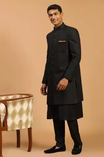 Black Viscose Sherwani Set