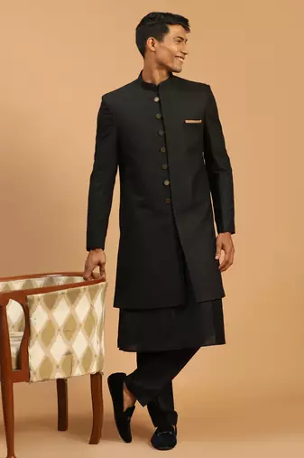 Black Viscose Sherwani Set