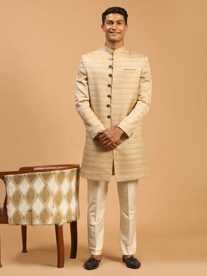 Beige Silk Blend Sherwani Set 1