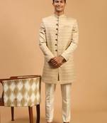 Beige Silk Blend Sherwani Set
