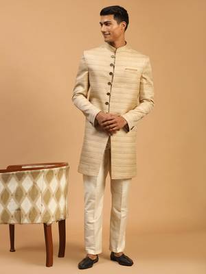 Beige Silk Blend Sherwani Set 2