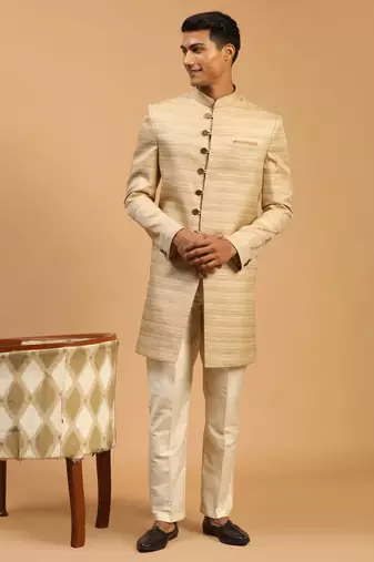 Beige Silk Blend Sherwani Set