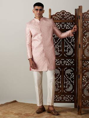 Men'S Peach Silk Blend Sherwani Set 1