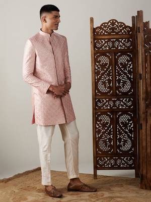 Men'S Peach Silk Blend Sherwani Set 2