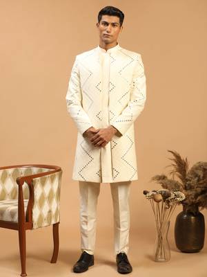 Cream Viscose Sherwani Set 1
