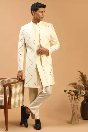 Cream Viscose Sherwani Set