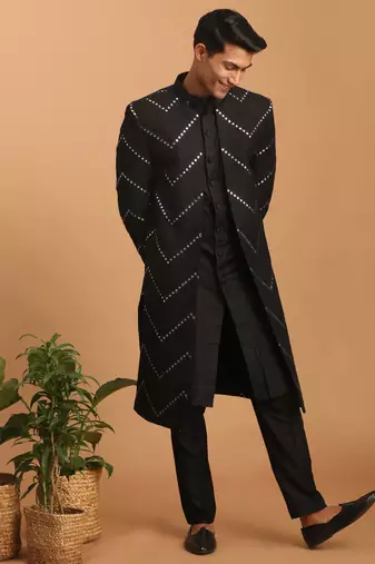 Black Viscose Sherwani Set