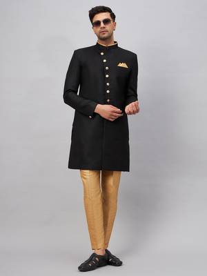 Men'S Black And Rose Gold Silk Blend Sherwani Set 1
