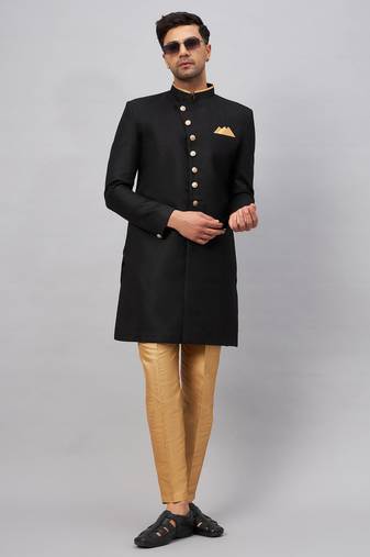 Men'S Black And Rose Gold Silk Blend Sherwani Set