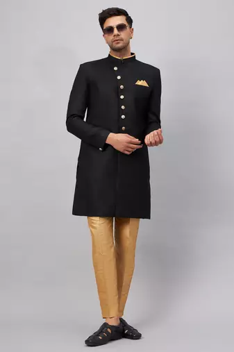 Men'S Black And Rose Gold Silk Blend Sherwani Set