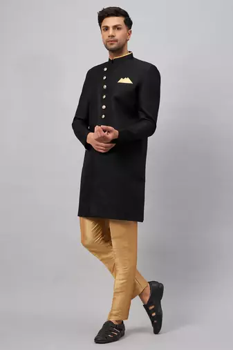 Men'S Black And Rose Gold Silk Blend Sherwani Set