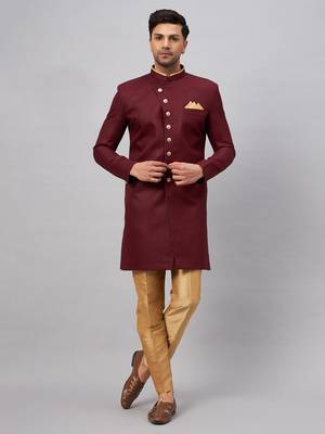 Men'S Maroon And Rose Gold Silk Blend Sherwani Set 1