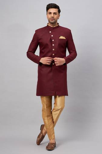 Men'S Maroon And Rose Gold Silk Blend Sherwani Set