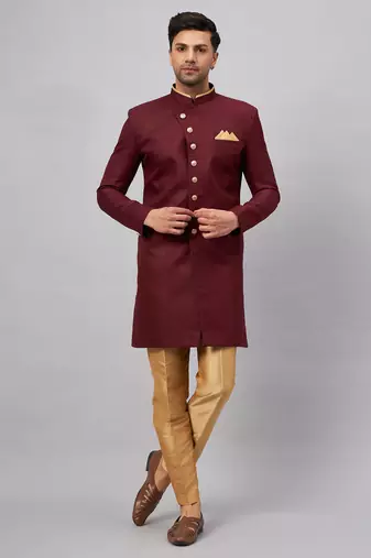Men'S Maroon And Rose Gold Silk Blend Sherwani Set