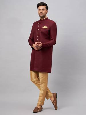Men'S Maroon And Rose Gold Silk Blend Sherwani Set 2