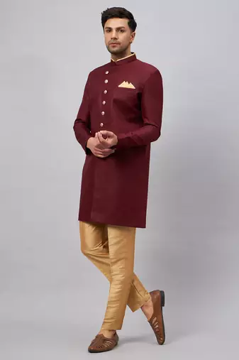 Men'S Maroon And Rose Gold Silk Blend Sherwani Set