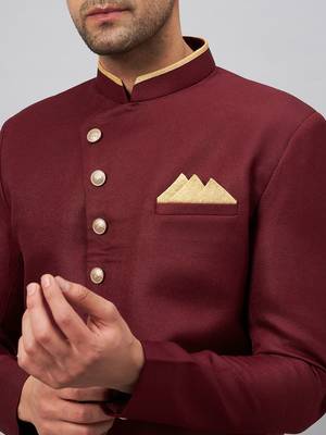 Men'S Maroon And Rose Gold Silk Blend Sherwani Set 4