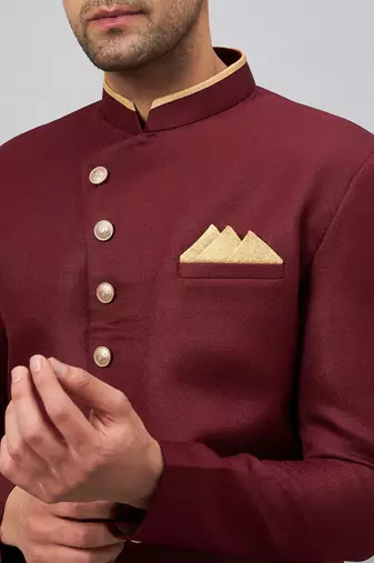 Men'S Maroon And Rose Gold Silk Blend Sherwani Set