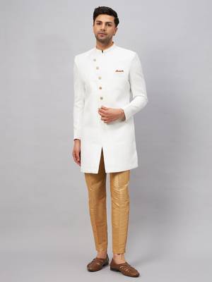 White And Rose Gold Silk Blend Sherwani Set 1