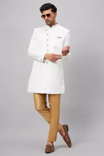 White And Rose Gold Silk Blend Sherwani Set