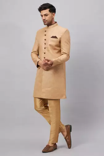 Beige And Rose Gold Silk Blend Sherwani Set