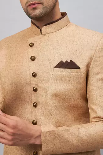 Beige And Rose Gold Silk Blend Sherwani Set