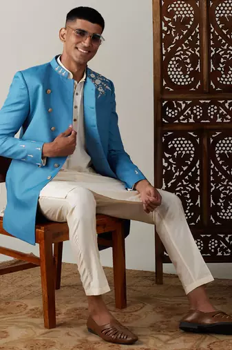 Vastramay men's turquoise and cream viscose sherwani set