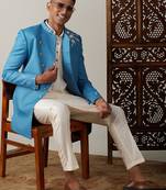 turquoise and cream viscose sherwani set