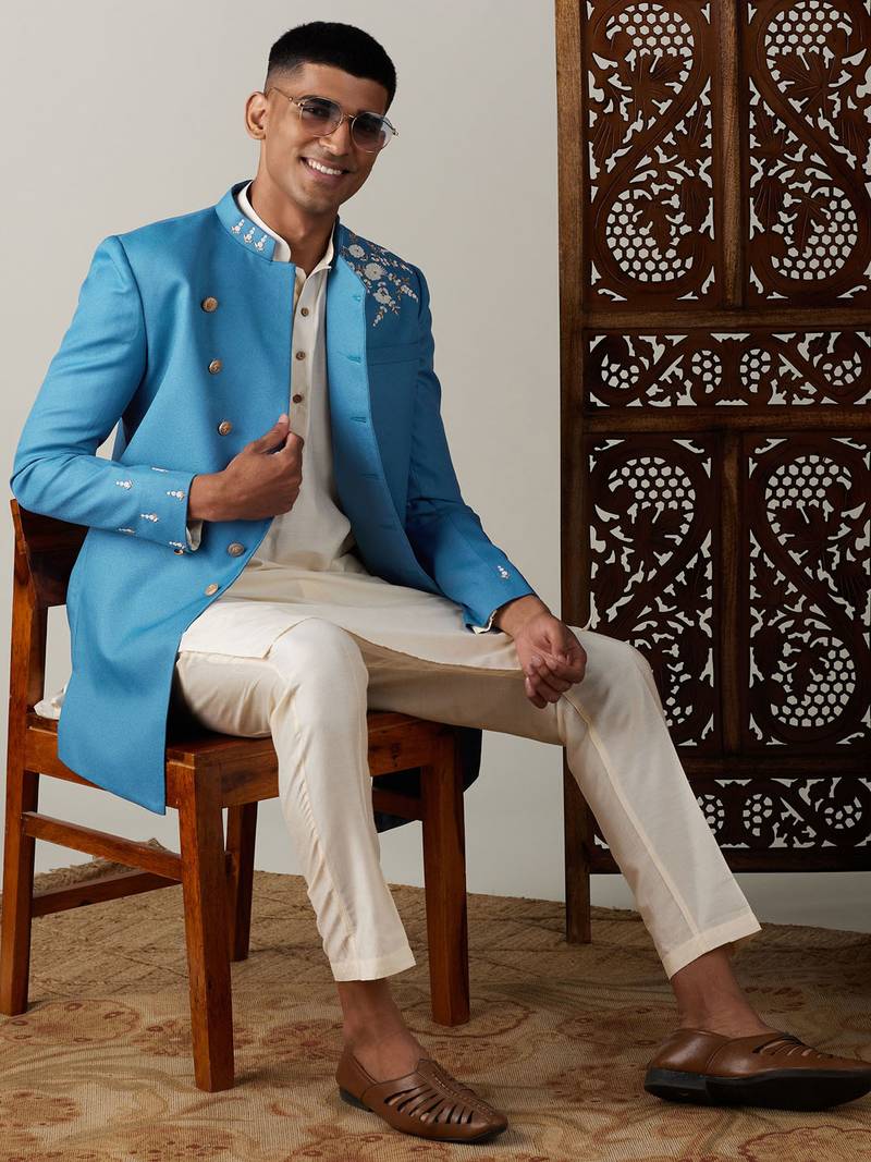 Vastramay men's turquoise and cream viscose sherwani set