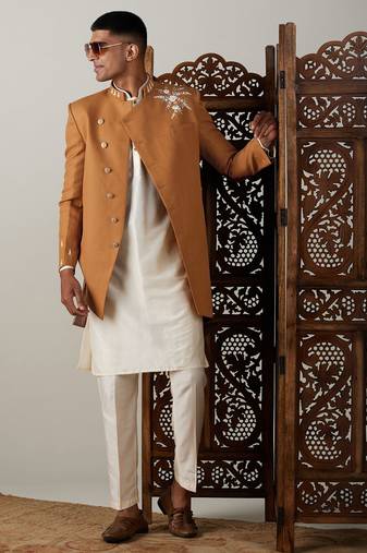 Vastramay men's mustard and cream viscose sherwani set