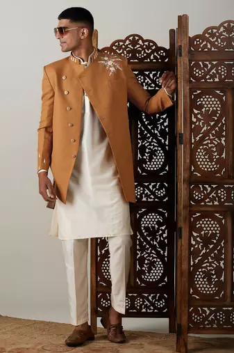 Vastramay men's mustard and cream viscose sherwani set