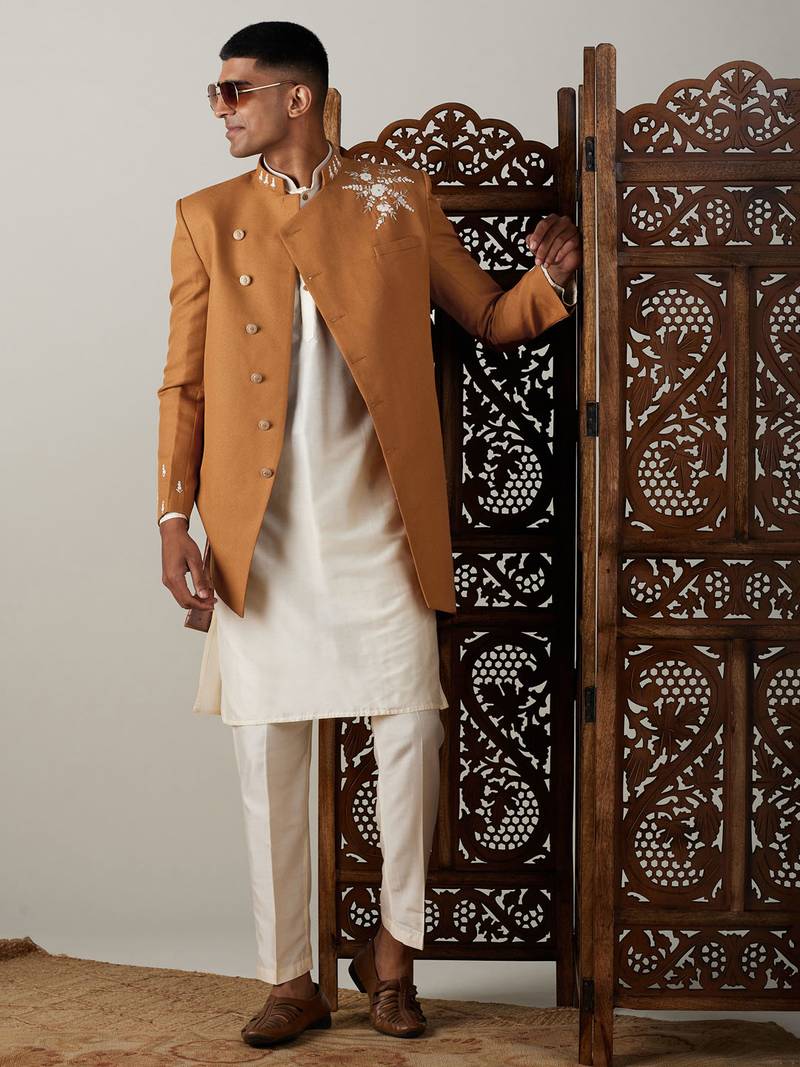 Vastramay men's mustard and cream viscose sherwani set